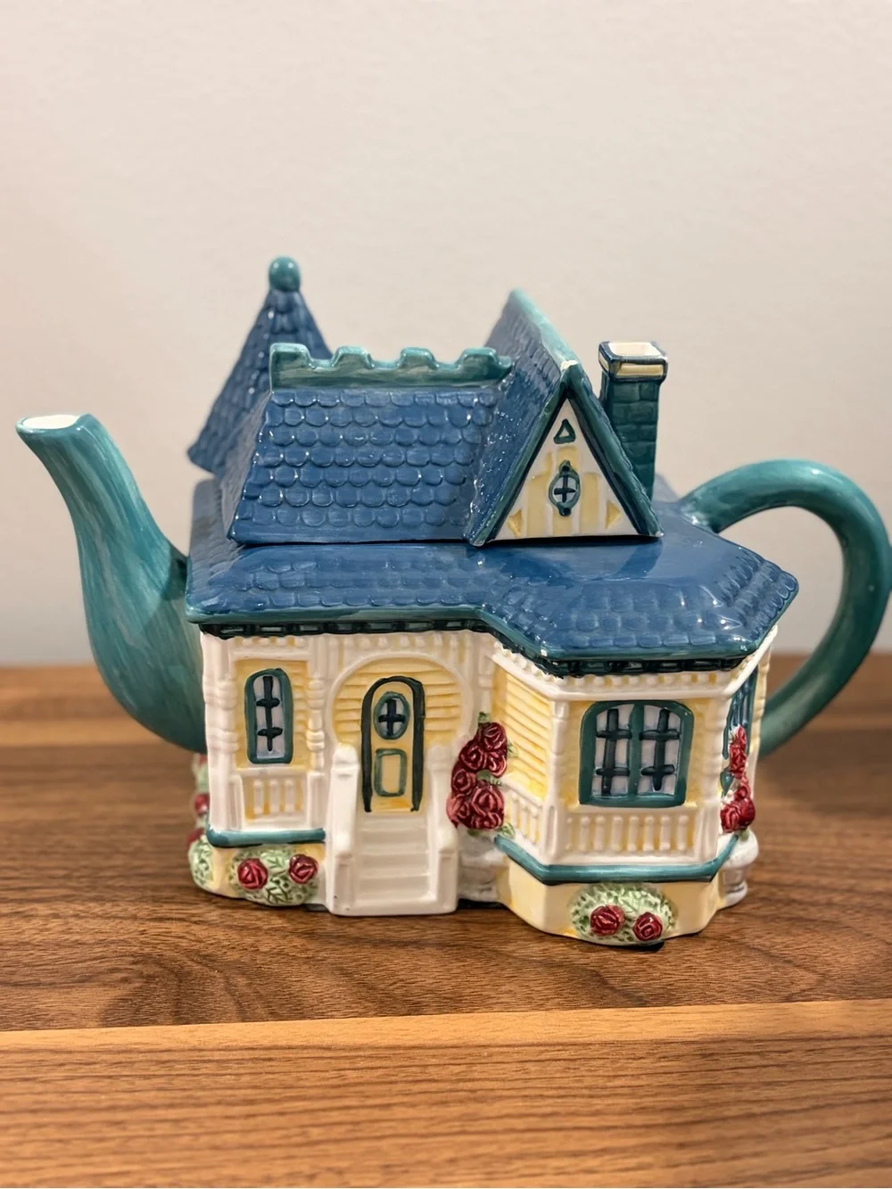 Blue Ceramic Cottage Teapot - Decorative Home Kitchen Accent